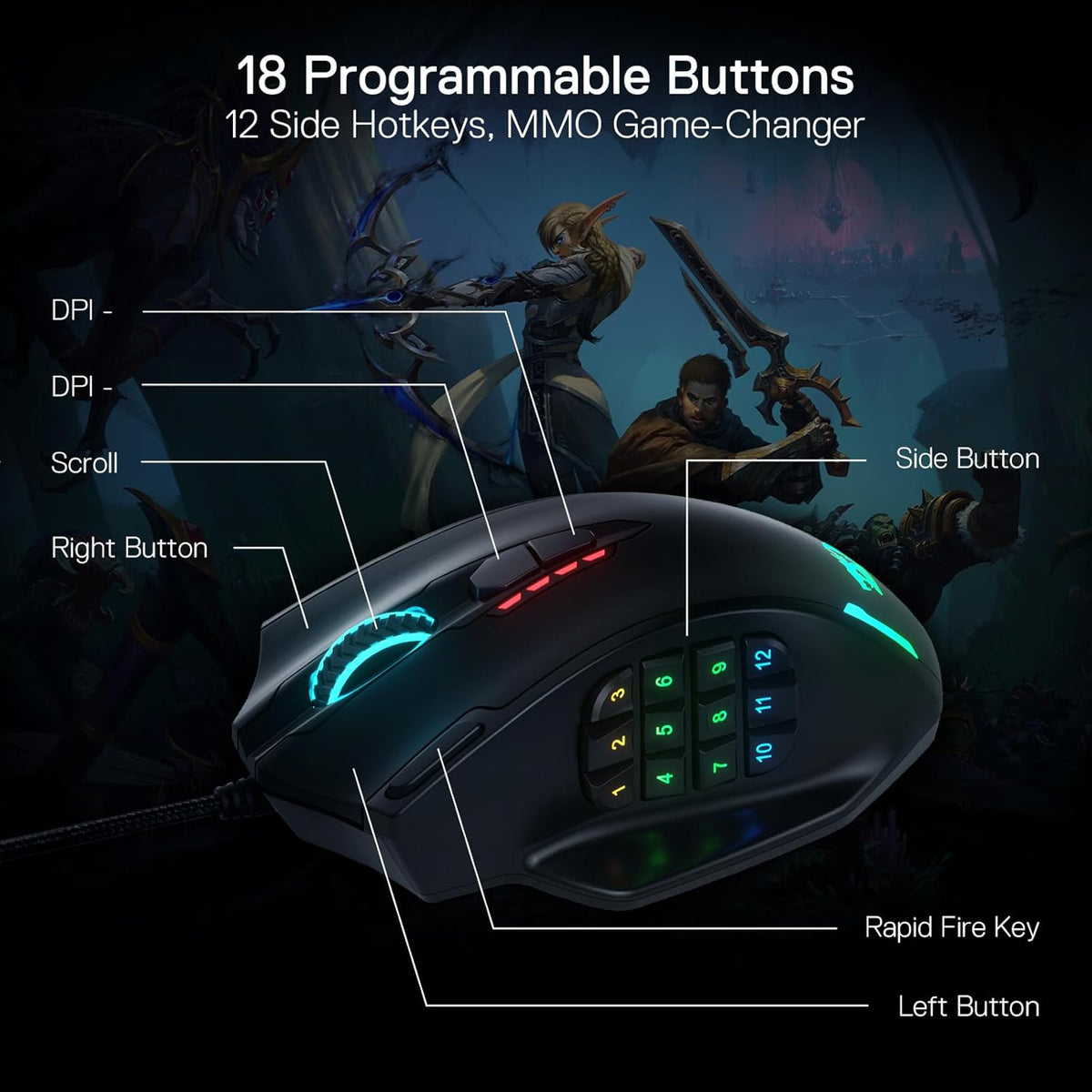Redragon M908 Impact RGB LED MMO Gaming Mouse with 12 Side Buttons, Optical Wired Ergonomic Mouse with Max 12,400DPI, High Precision