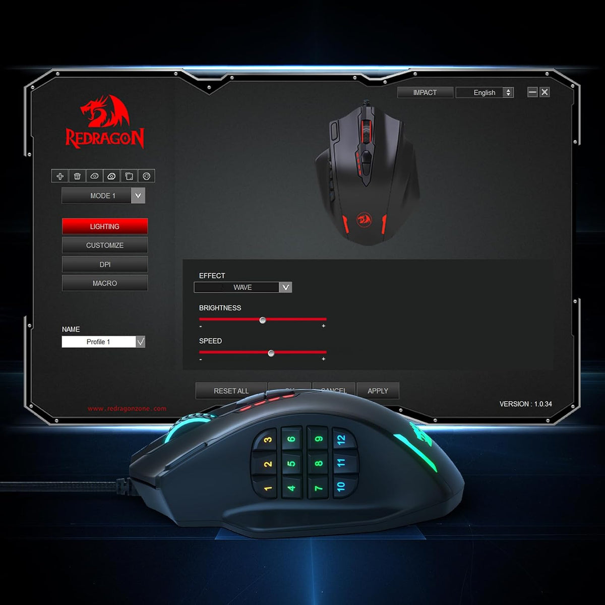 Redragon M908 Impact RGB LED MMO Gaming Mouse with 12 Side Buttons, Optical Wired Ergonomic Mouse with Max 12,400DPI, High Precision