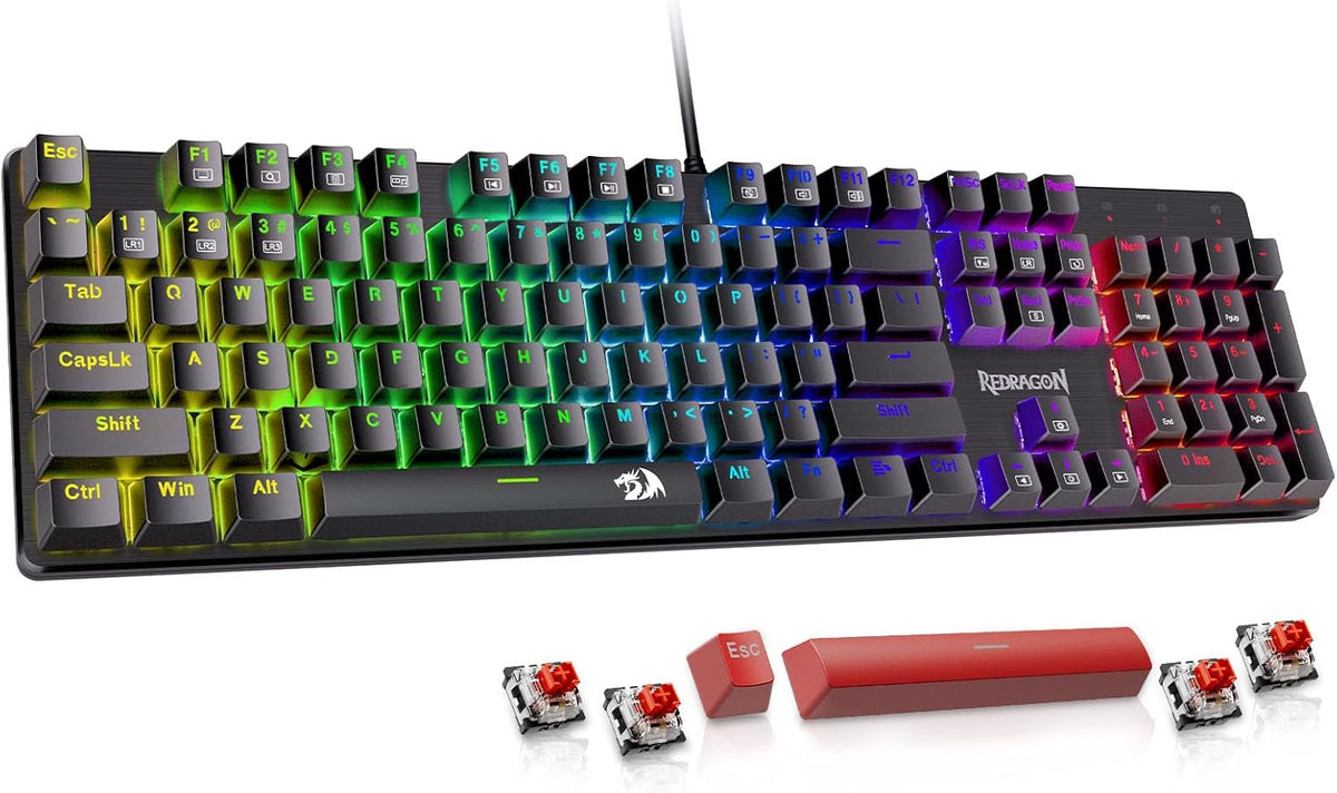 Redragon Mechanical Gaming Keyboard Wired, 11 Programmable Backlit Modes, Hot-Swappable Red Switch, Anti-Ghosting, Double-Shot PBT Keycaps