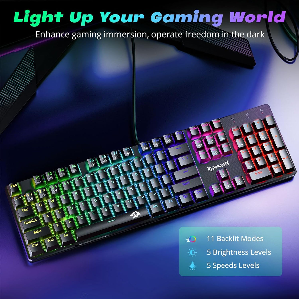 Redragon Mechanical Gaming Keyboard Wired, 11 Programmable Backlit Modes, Hot-Swappable Red Switch, Anti-Ghosting, Double-Shot PBT Keycaps