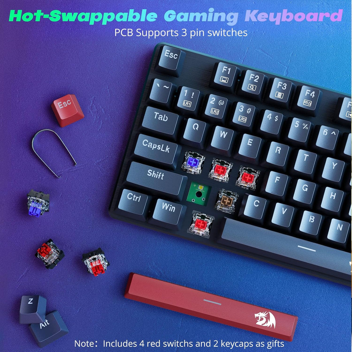Redragon Mechanical Gaming Keyboard Wired, 11 Programmable Backlit Modes, Hot-Swappable Red Switch, Anti-Ghosting, Double-Shot PBT Keycaps