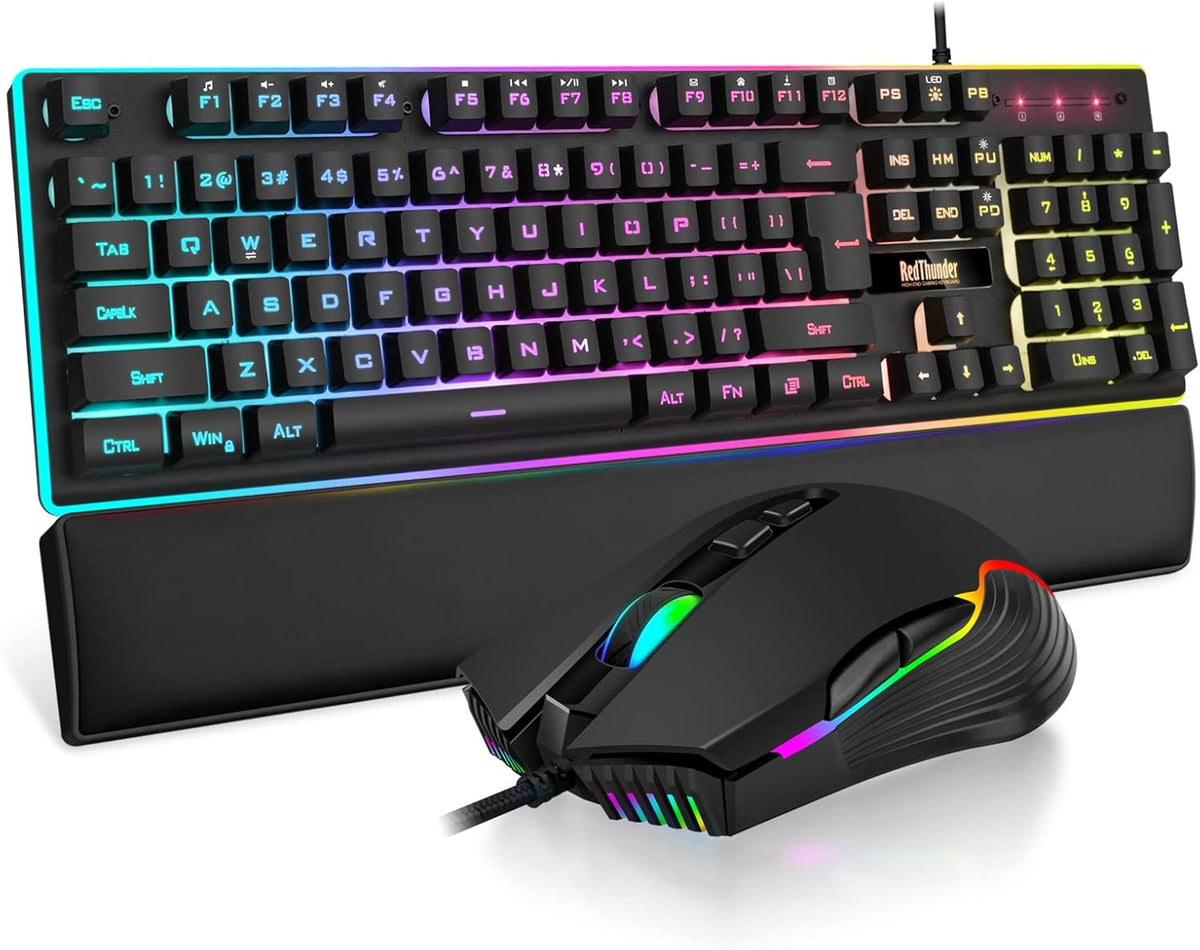 RedThunder K10 Wired Gaming Keyboard and Mouse and Wrist Rest Combo, RGB Backlit, Mechanical Feel Anti-ghosting Keyboard + 7D 7200 DPI (Black)