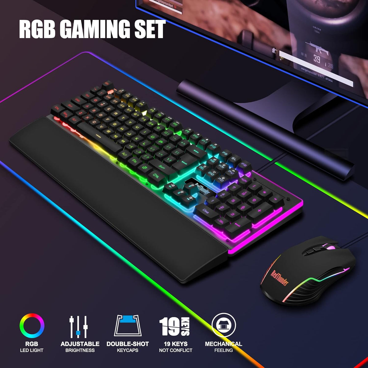 RedThunder K10 Wired Gaming Keyboard and Mouse and Wrist Rest Combo, RGB Backlit, Mechanical Feel Anti-ghosting Keyboard + 7D 7200 DPI (Black)