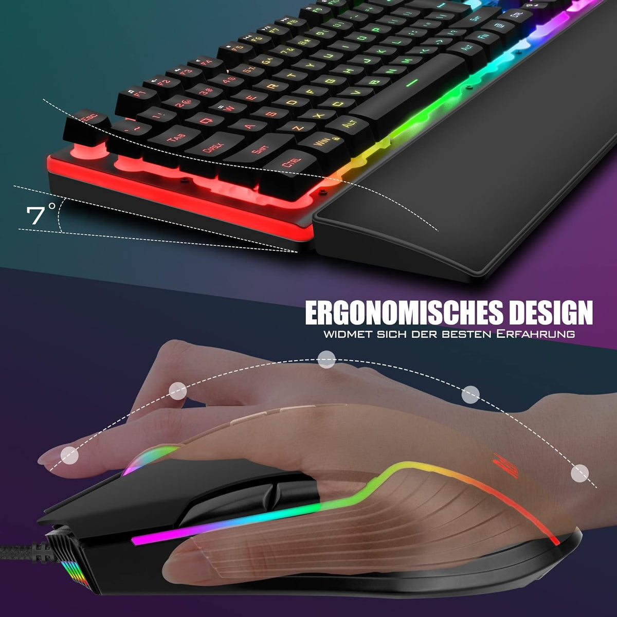 RedThunder K10 Wired Gaming Keyboard and Mouse and Wrist Rest Combo, RGB Backlit, Mechanical Feel Anti-ghosting Keyboard + 7D 7200 DPI (Black)