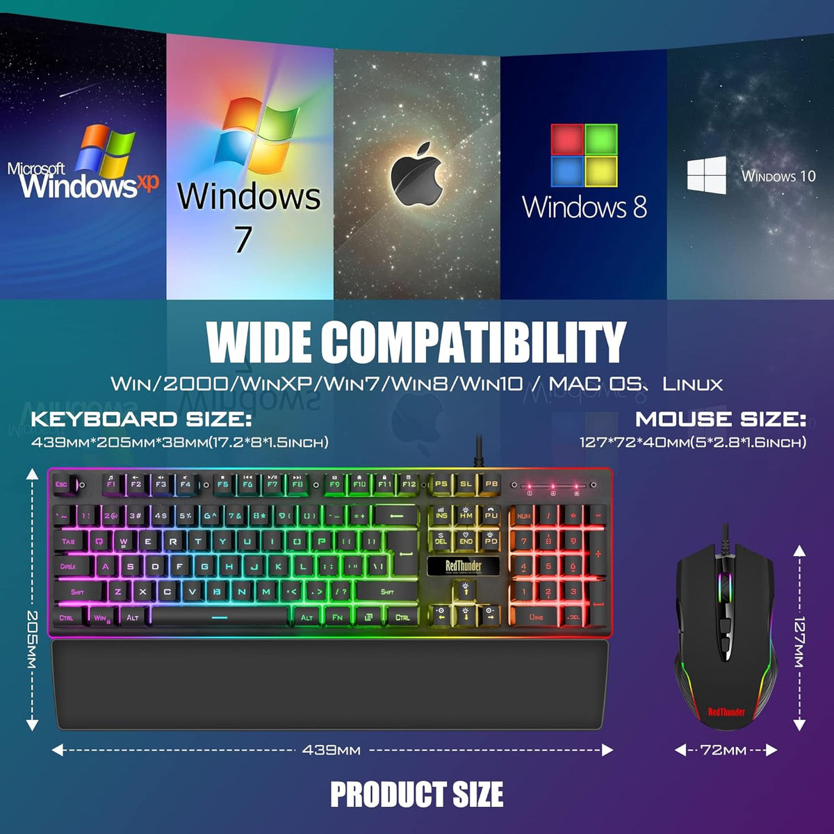 RedThunder K10 Wired Gaming Keyboard and Mouse and Wrist Rest Combo, RGB Backlit, Mechanical Feel Anti-ghosting Keyboard + 7D 7200 DPI (Black)