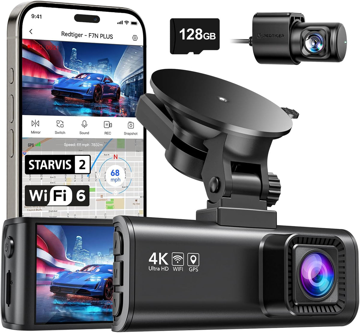 REDTIGER 4K Dash Cam Front Rear, STARVIS 2 Sensor, Free Card Included, 5.8GHz WiFi-20MB/s Fast Download, Dash Camera for Cars with GPS
