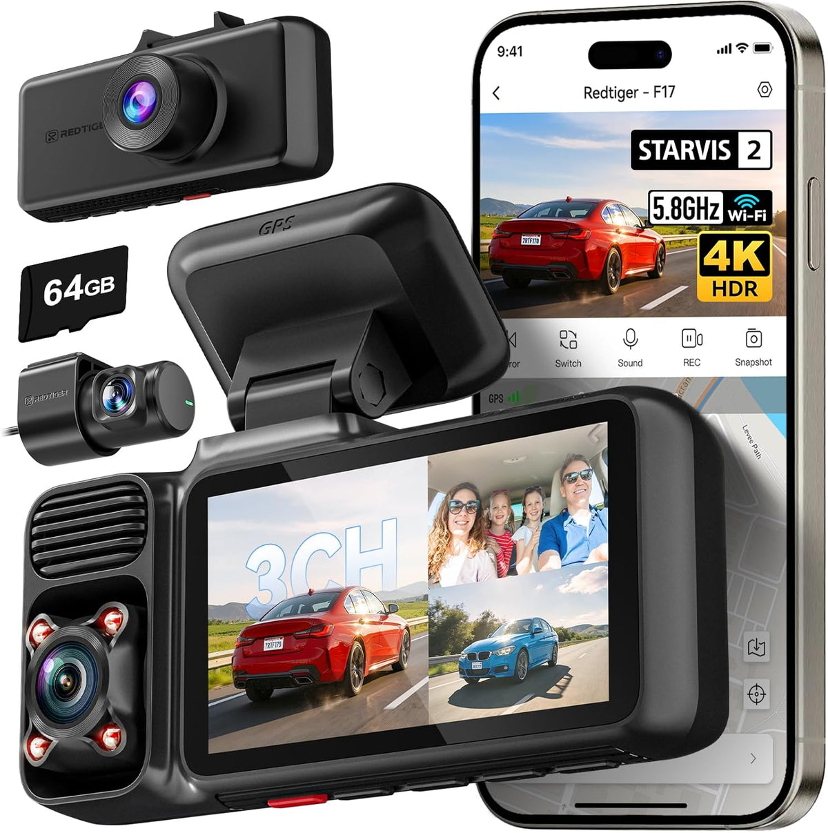 REDTIGER F17 4K 3 Channel Dash Cam, STARVIS 2 IMX675 HDR, 2160P+1080P+1080P Front Inside and Rear Triple Car Camera with 64GB Card, 5.8GHz WiFi GPS