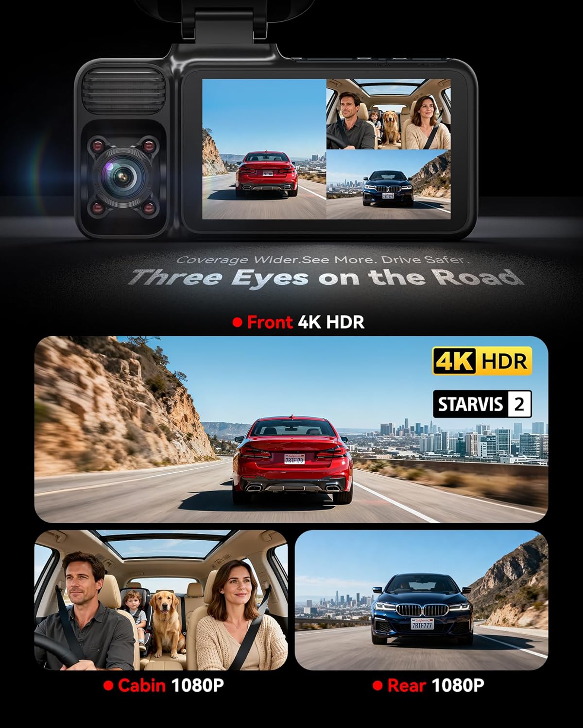 REDTIGER F17 4K 3 Channel Dash Cam, STARVIS 2 IMX675 HDR, 2160P+1080P+1080P Front Inside and Rear Triple Car Camera with 64GB Card, 5.8GHz WiFi GPS