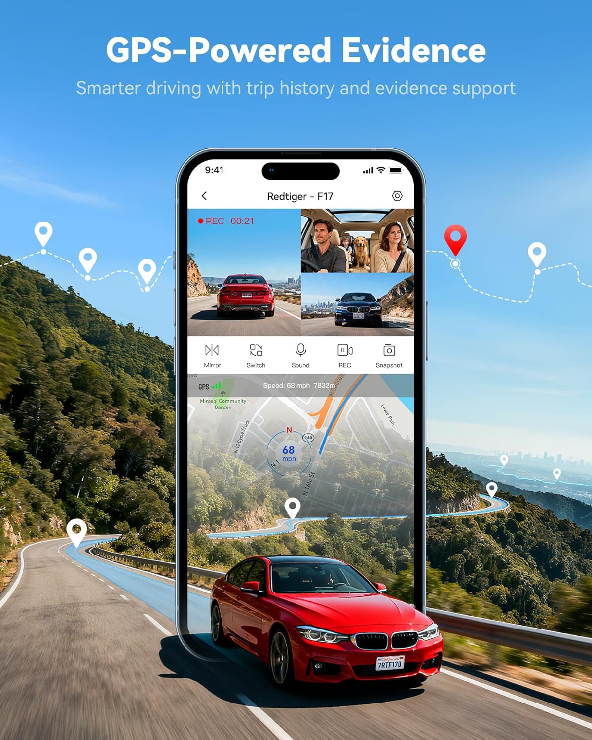 REDTIGER F17 4K 3 Channel Dash Cam, STARVIS 2 IMX675 HDR, 2160P+1080P+1080P Front Inside and Rear Triple Car Camera with 64GB Card, 5.8GHz WiFi GPS