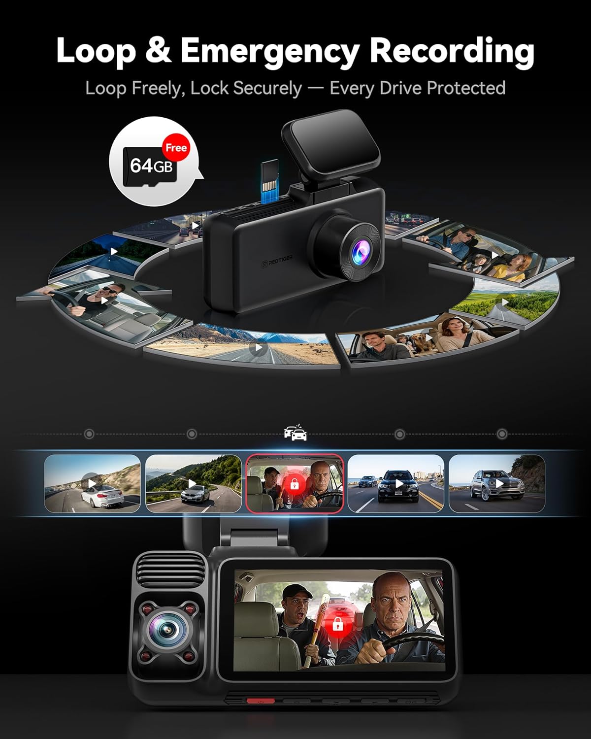 REDTIGER F17 4K 3 Channel Dash Cam, STARVIS 2 IMX675 HDR, 2160P+1080P+1080P Front Inside and Rear Triple Car Camera with 64GB Card, 5.8GHz WiFi GPS