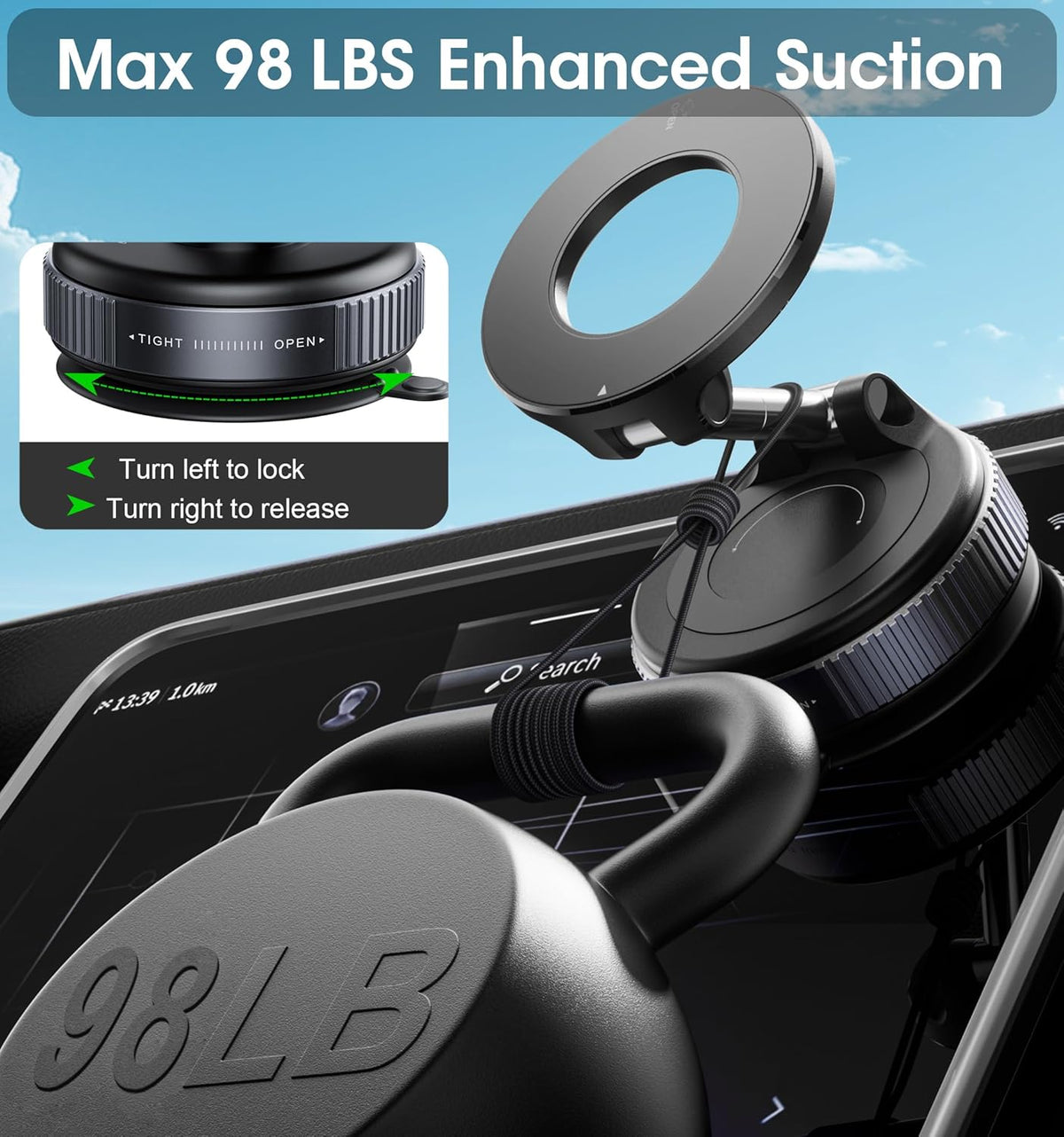 REOKILY Vacuum Magnetic Car Phone Holder 360° Reinforced 96LBS Ultra Suction Cup Phone Mount for MagSafe Cell Phone Holders