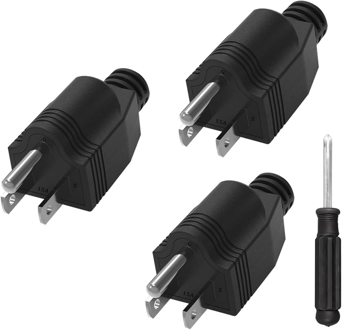 Replacement Plugs, 3 Pack 3 Prong Replacement Plug with 1 Screwdriver, Extension Cord Ends, ReplacementPlug 3 Prong (Black)