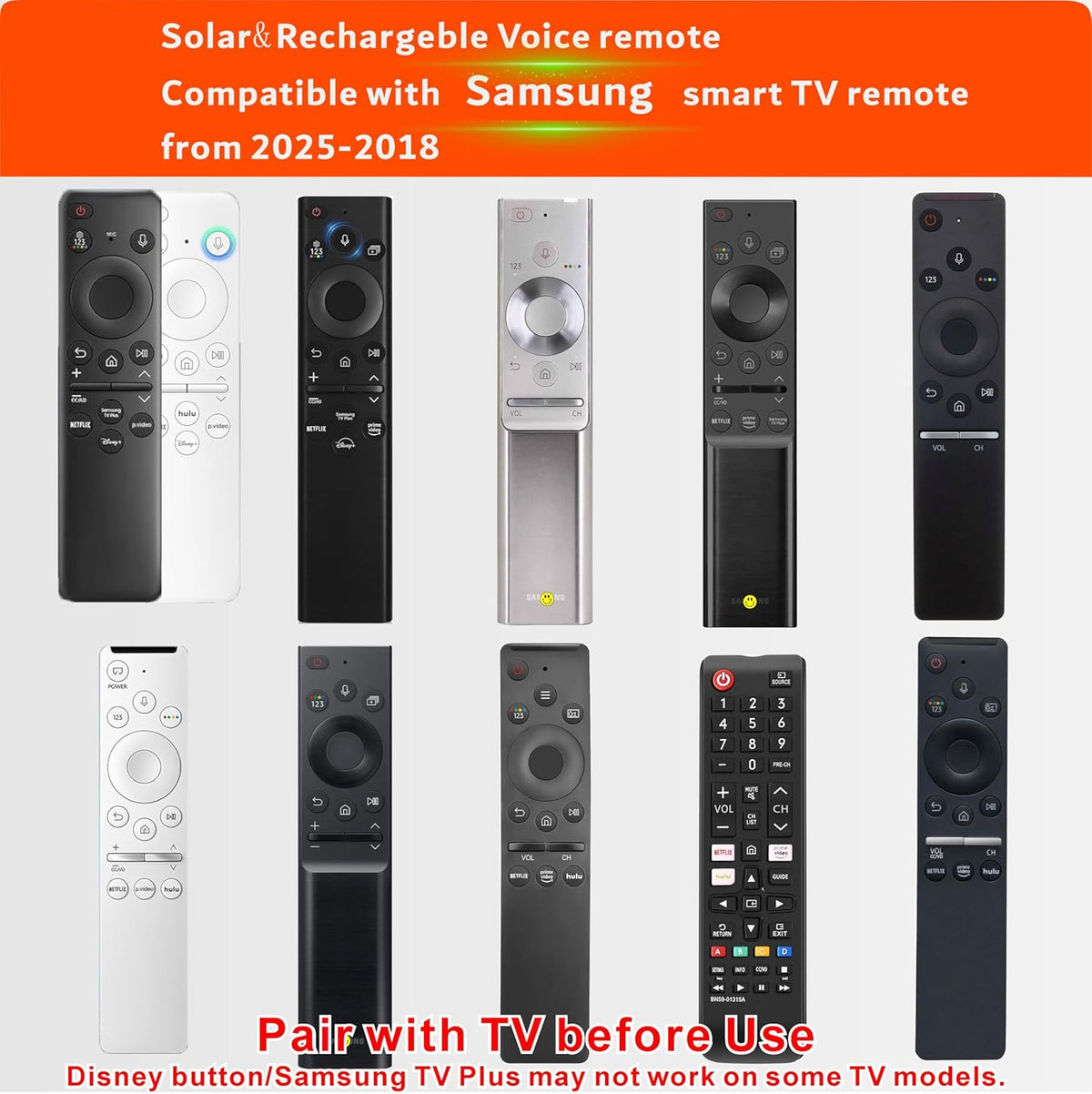 Replacement Solar TV Remote for Samsung Smart TV 2025-2019, Rechargeable Universal Samsung Remote, Fast Charging, Solarcell, Free USB C Cable, Voice