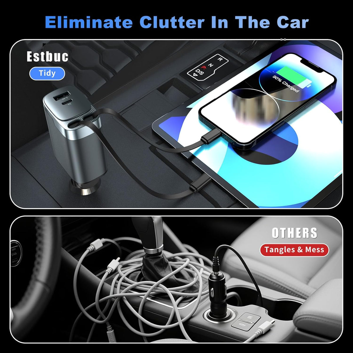 Retractable Car Charger, 84W Car Charger USB C 4 in 1, Car Accessories Fast Charging Car Charger Adapter for iPhone 17 16 15 14 13 12 Pro Max, Samsung