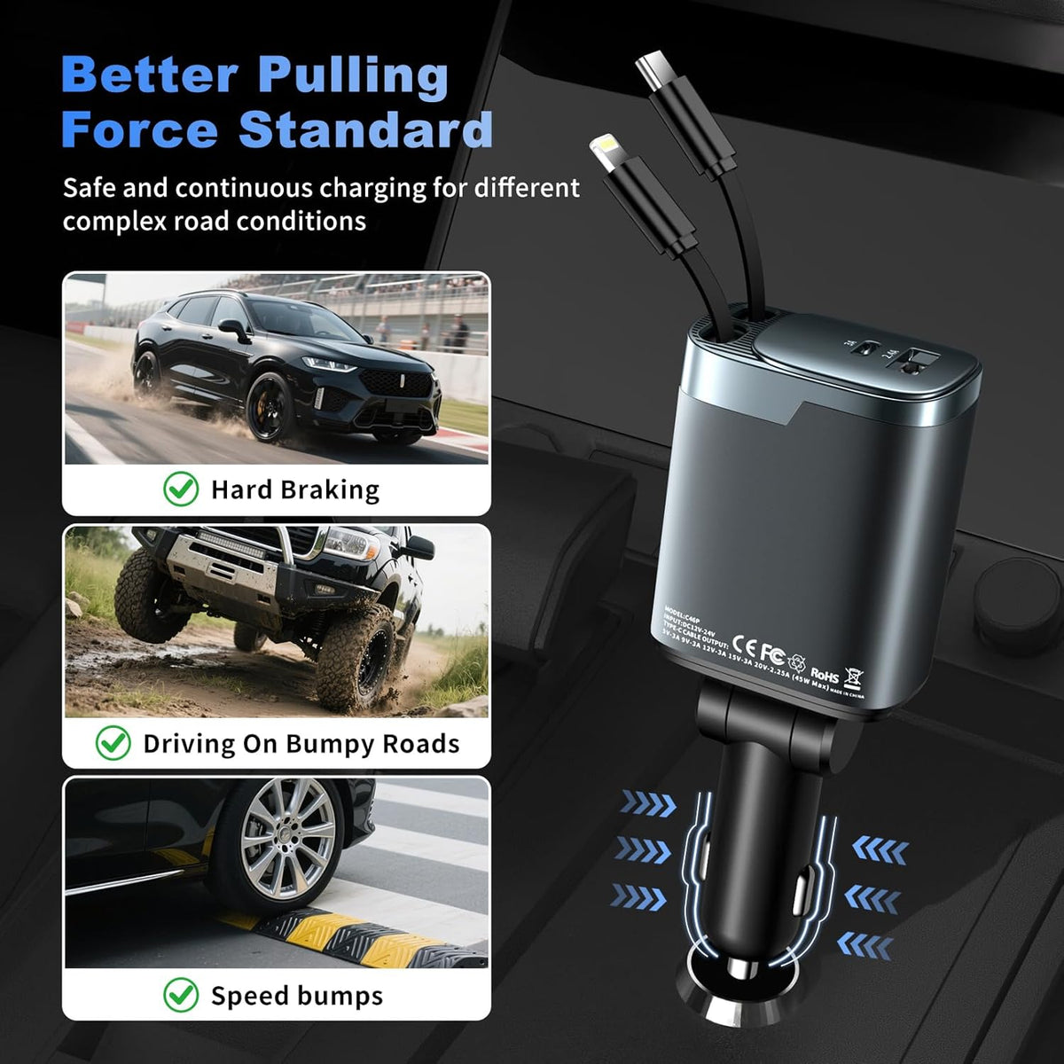 Retractable Car Charger, 84W Car Charger USB C 4 in 1, Car Accessories Fast Charging Car Charger Adapter for iPhone 17 16 15 14 13 12 Pro Max, Samsung