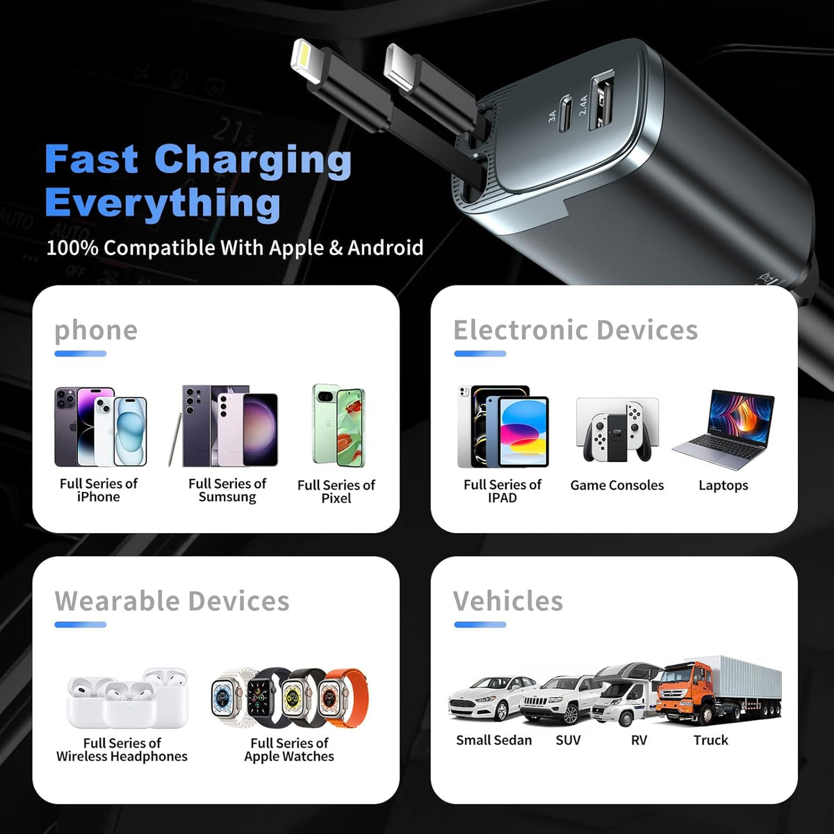 Retractable Car Charger, 84W Car Charger USB C 4 in 1, Car Accessories Fast Charging Car Charger Adapter for iPhone 17 16 15 14 13 12 Pro Max, Samsung