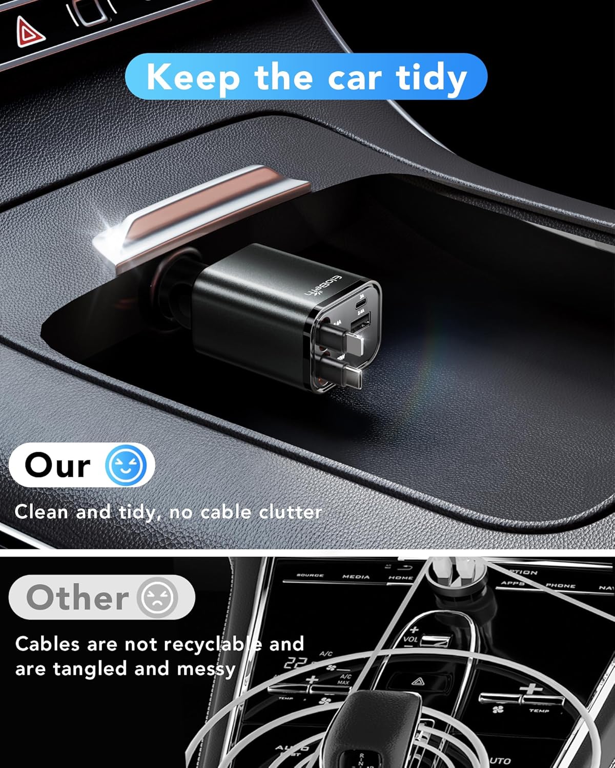 Retractable Car Charger Adapter for iPhone 17, 4 in 1 Fast Charging Car Phone Charger, 69W USB C Car Truck Accessories, Road Trip Essentials Gift