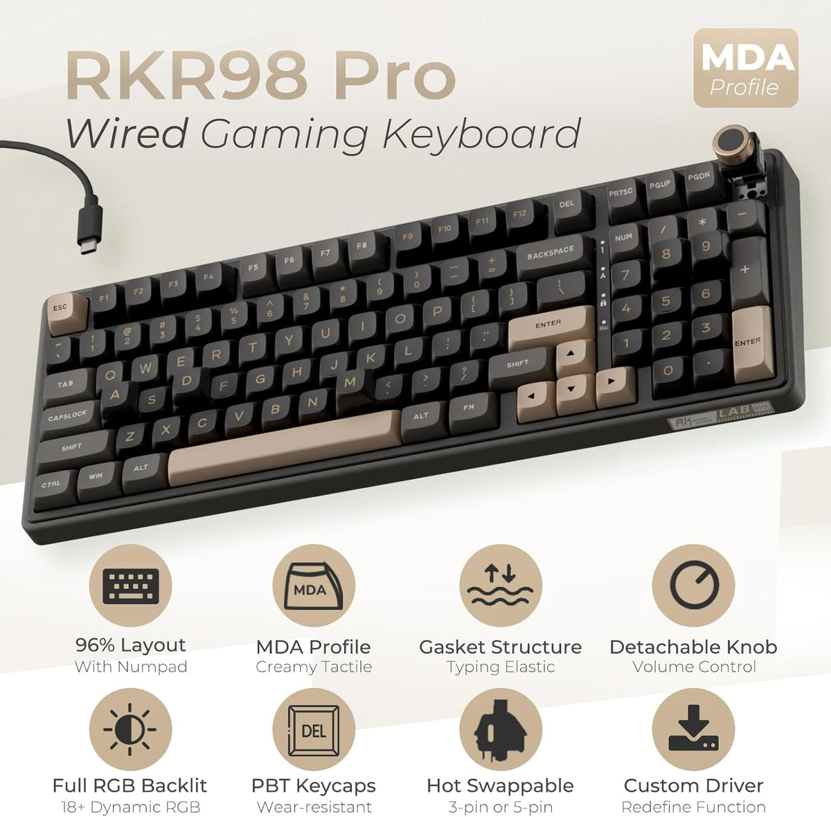 RK ROYAL KLUDGE R98 Pro Wired Mechanical Keyboard, 96% Creamy Gaming Keyboard RGB Backlit with Number Pad and Volume Knob, Gasket Mount
