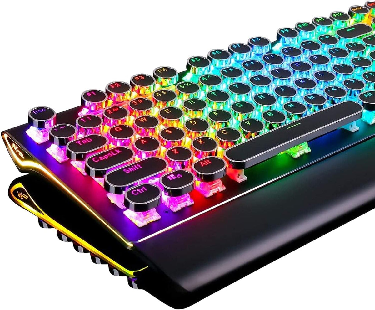 RK ROYAL KLUDGE S108 Typewriter Keyboard, Retro Mechanical Gaming Keyboard Wired 108 Keys with RGB Backlit Sidelight, Detachable Wrist Rest (Black)