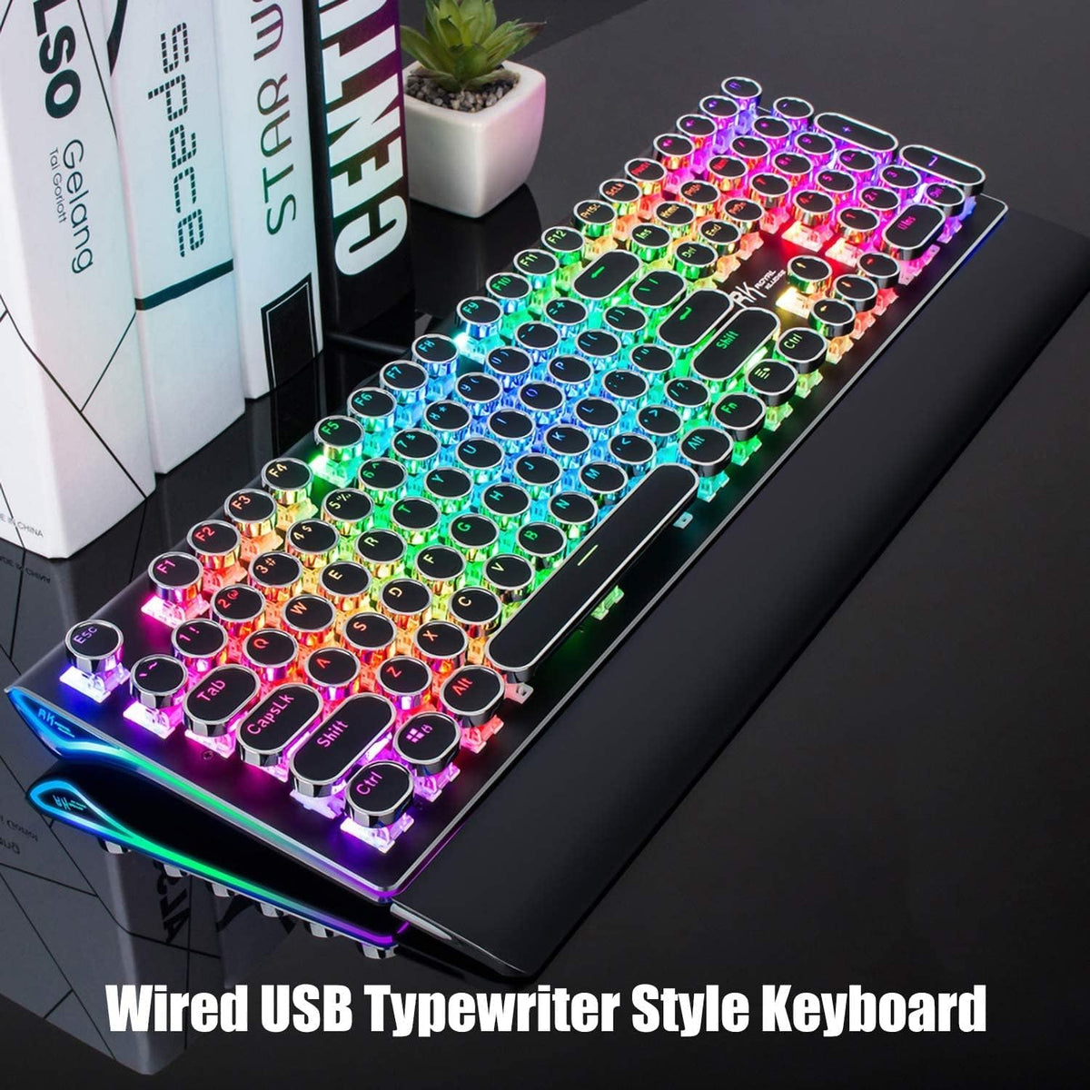 RK ROYAL KLUDGE S108 Typewriter Keyboard, Retro Mechanical Gaming Keyboard Wired 108 Keys with RGB Backlit Sidelight, Detachable Wrist Rest (Black)