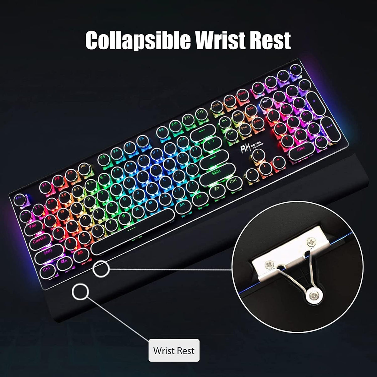 RK ROYAL KLUDGE S108 Typewriter Keyboard, Retro Mechanical Gaming Keyboard Wired 108 Keys with RGB Backlit Sidelight, Detachable Wrist Rest (Black)