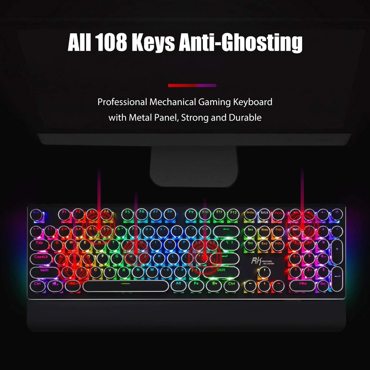 RK ROYAL KLUDGE S108 Typewriter Keyboard, Retro Mechanical Gaming Keyboard Wired 108 Keys with RGB Backlit Sidelight, Detachable Wrist Rest (Black)
