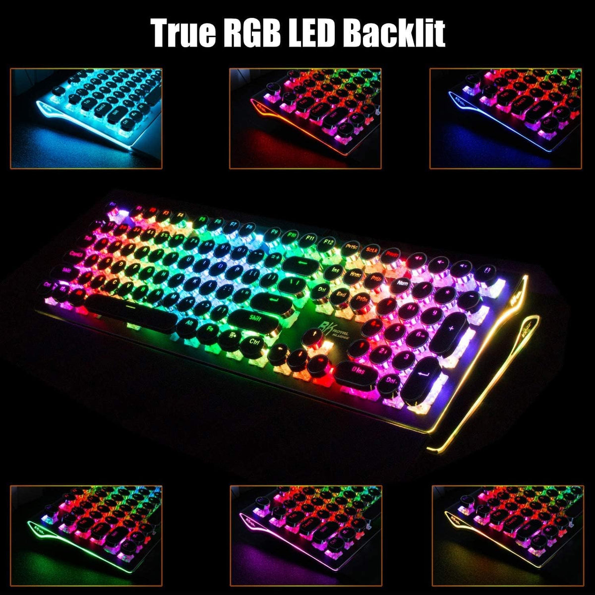 RK ROYAL KLUDGE S108 Typewriter Keyboard, Retro Mechanical Gaming Keyboard Wired 108 Keys with RGB Backlit Sidelight, Detachable Wrist Rest (Black)