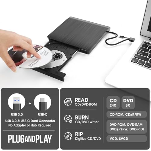 ROOFULL External CD DVD +/-RW Drive for Laptop Mac, USB 3.0 & USB-C CD DVD Disc Reader Writer Burner CD-ROM Portable DVD Player with Carrying Case