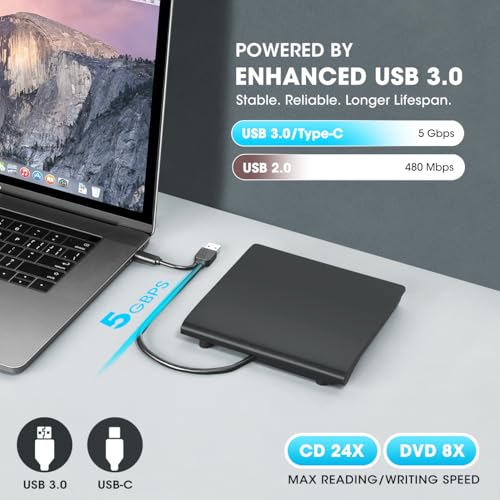 ROOFULL External CD DVD +/-RW Drive for Laptop Mac, USB 3.0 & USB-C CD DVD Disc Reader Writer Burner CD-ROM Portable DVD Player with Carrying Case