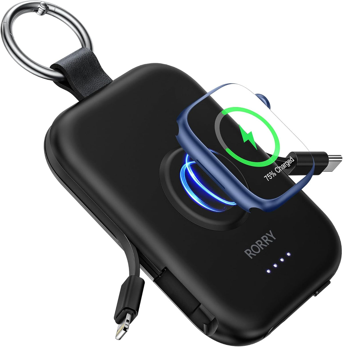 RORRY Portable Charger, 5000mAh Portable Charger Power Bank with Built-in Cables, Travel Keychain Battery Pack (Black)