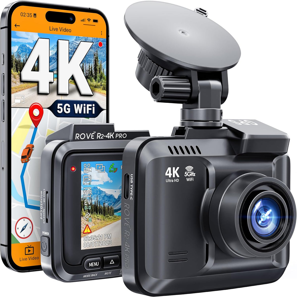 ROVE R2-4K PRO Dash Cam, Built-in GPS, 5G WiFi Dash Camera for Cars, 2160P UHD 30fps Dashcam with APP, 2.4" IPS Screen, Night Vision, WDR