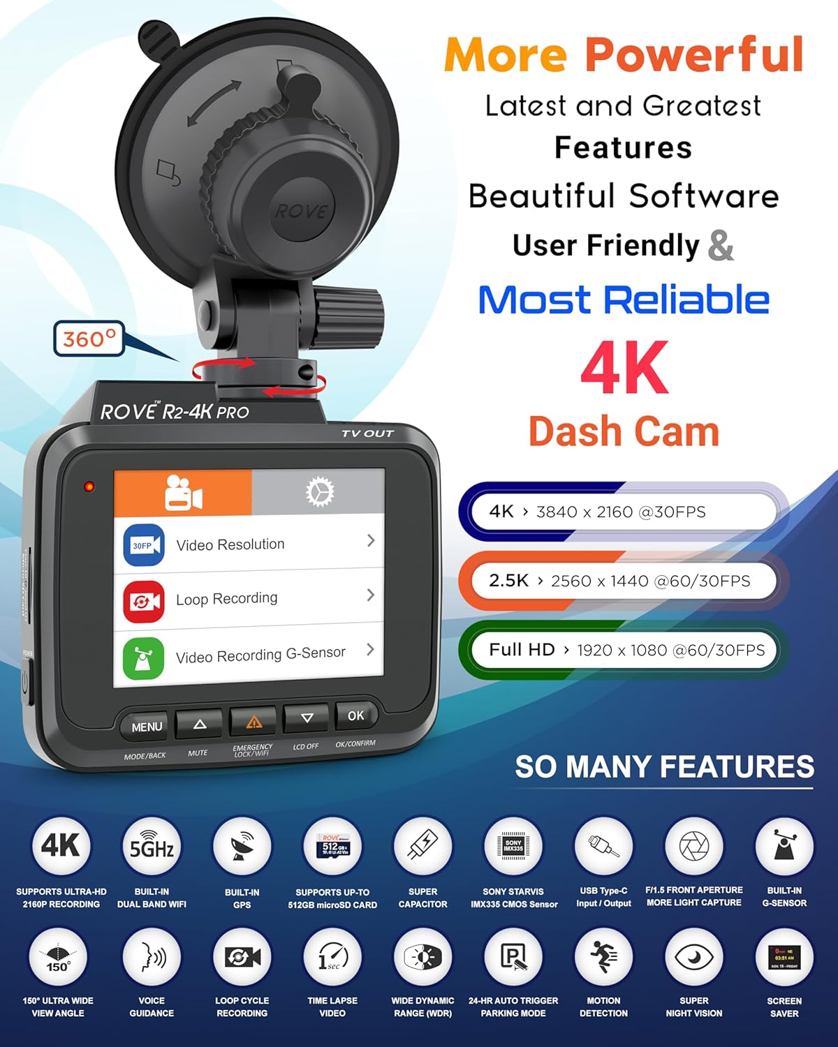 ROVE R2-4K PRO Dash Cam, Built-in GPS, 5G WiFi Dash Camera for Cars, 2160P UHD 30fps Dashcam with APP, 2.4" IPS Screen, Night Vision, WDR