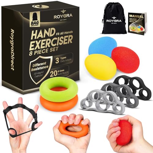 roygra Grip Strength Trainer (8 Pack), Forearm Strengthener, Stress Balls for Adults, Hand Strengthening Devices, Wrist Finger Strengthener
