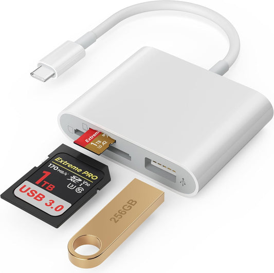SD Card Reader, USB 3.0 Type C High Speed to SD/TF Card Adapter for iPhone 17/16/15 Pro Max Memory Card Reader with SD MicroSD USB 3 Port (White)
