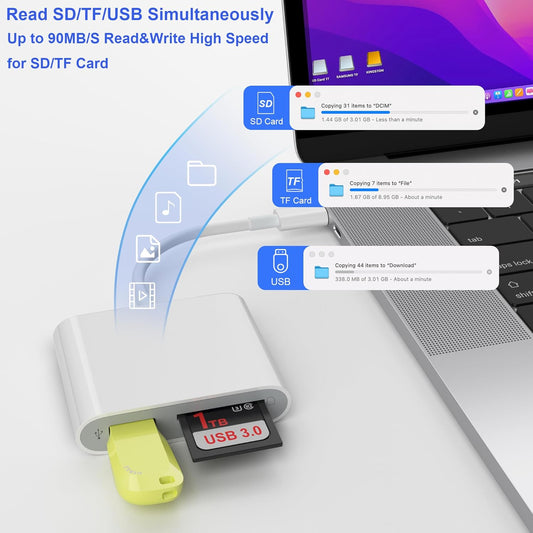 SD Card Reader, USB 3.0 Type C High Speed to SD/TF Card Adapter for iPhone 17/16/15 Pro Max Memory Card Reader with SD MicroSD USB 3 Port (White)