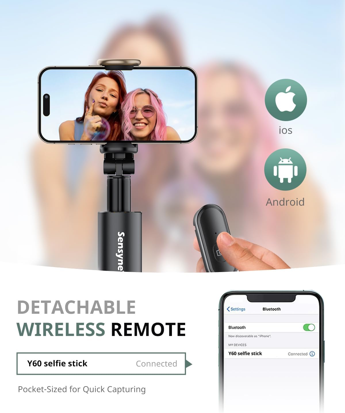 Sensyne 60" Phone Tripod - Selfie Stick, Lightweight All in One Phone Tripod Integrated with Wireless Remote Compatible with All Cell Phones