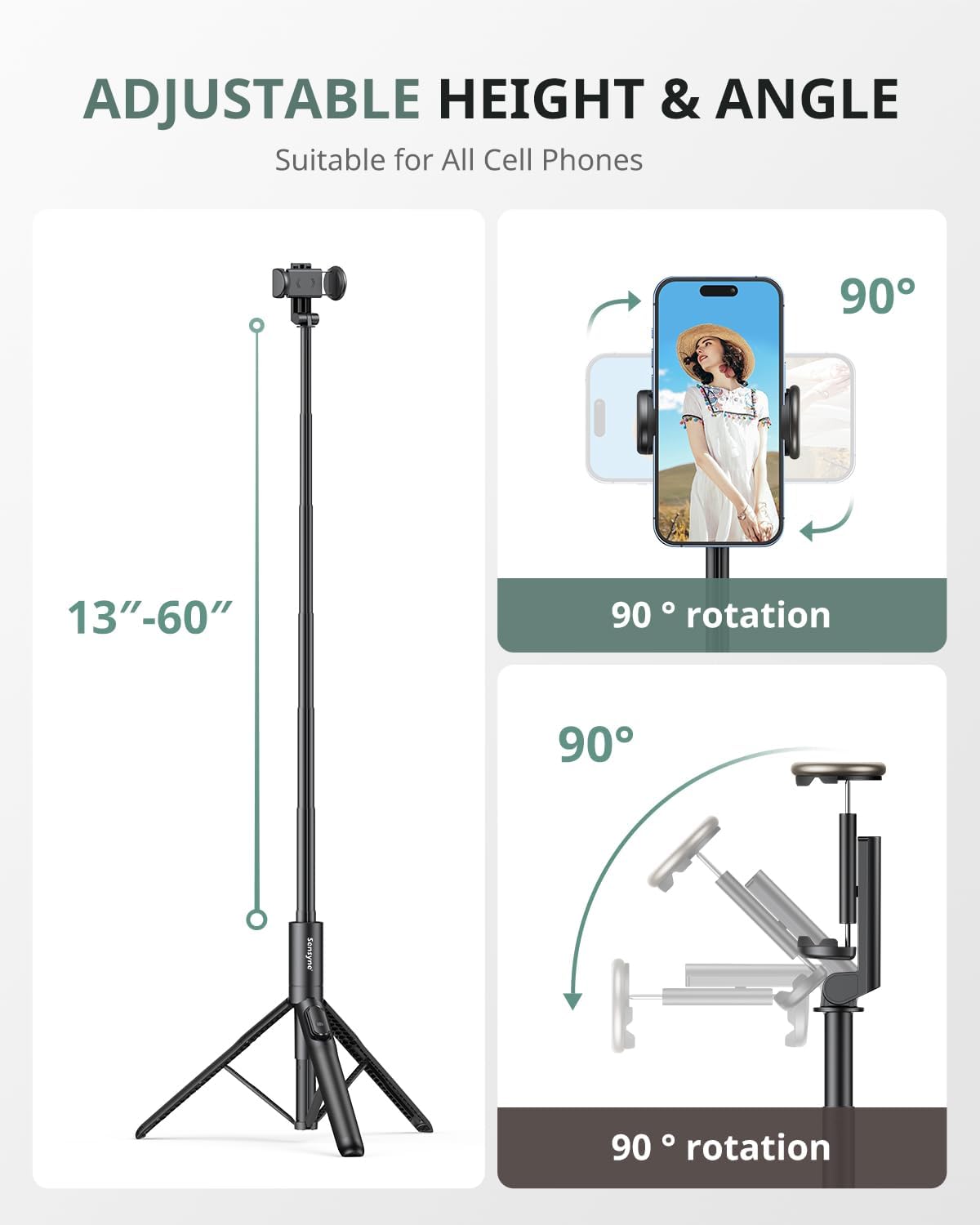 Sensyne 60" Phone Tripod - Selfie Stick, Lightweight All in One Phone Tripod Integrated with Wireless Remote Compatible with All Cell Phones