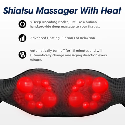 Shiatsu Neck & Back Massager with Heat - Electric 3D Kneading Massage Pillow for Neck, Shoulders & Back (Home, Office & Car Use, NOT Cordless)
