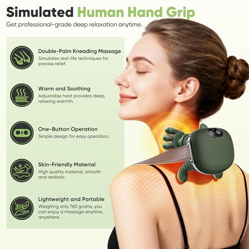 Shoulder and Neck Massager, Bionic Heated Massager, Neck Massager with Fingers, 4D Kneading Massage, Simulates a Real Palm Massage for Comfort (Green)