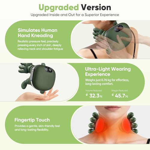 Shoulder and Neck Massager, Bionic Heated Massager, Neck Massager with Fingers, 4D Kneading Massage, Simulates a Real Palm Massage for Comfort (Green)