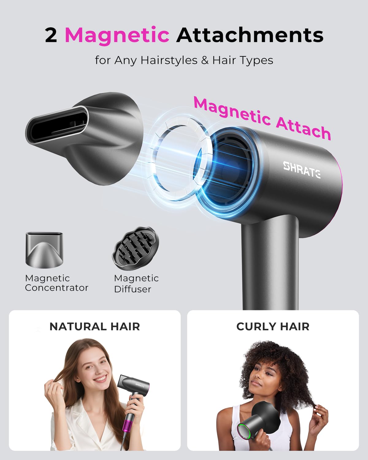 SHRATE Professional High Speed Ionic Hair Dryer - Ultra-Fast Drying - 500 Million Negative Ions - Low Noise - 160000 RPM - Compact Blow Dryer