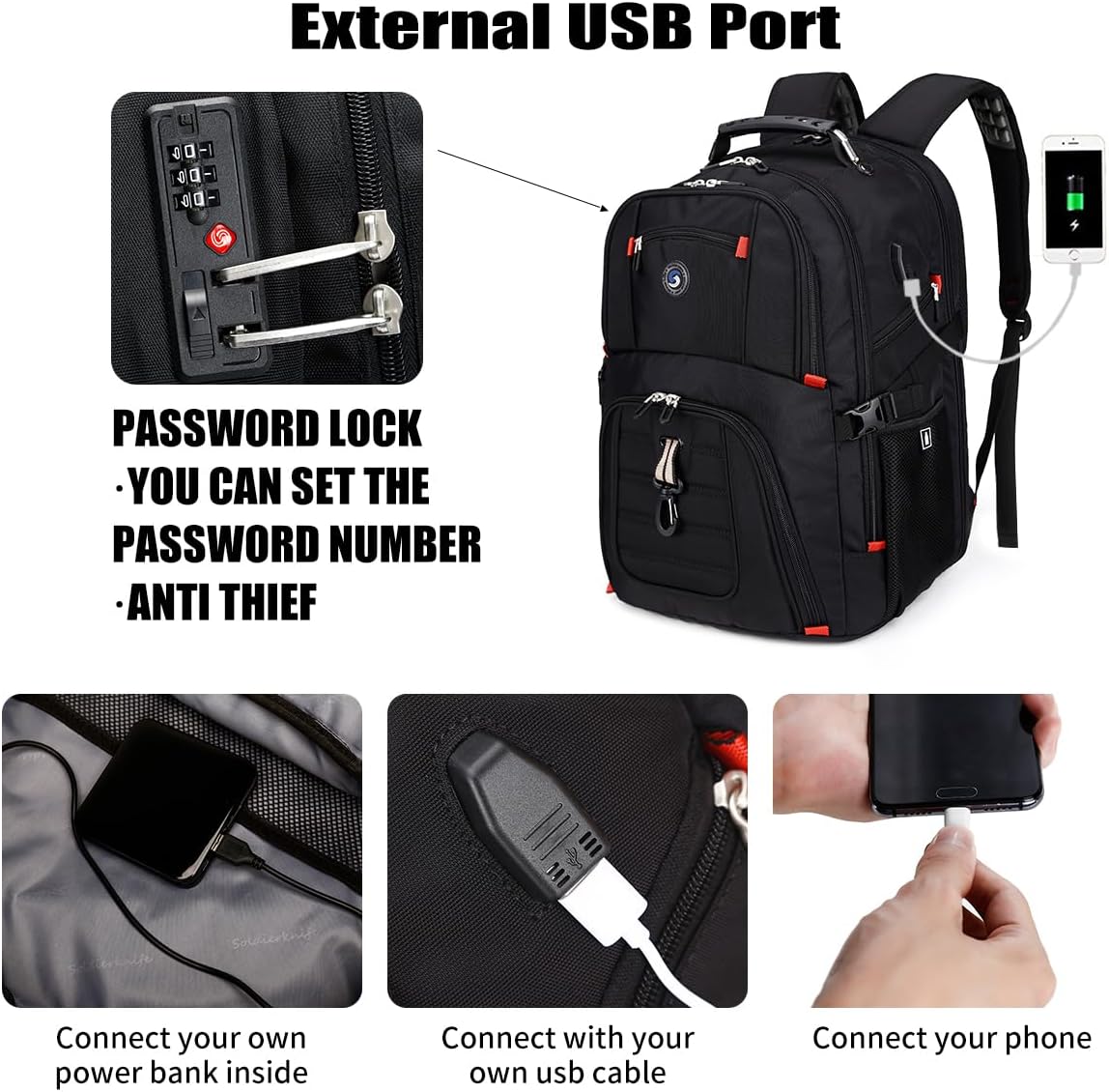 SHRRADOO Extra Large 50L Travel Laptop Backpack with USB Charging Port, College High School Backpack Airline Approved Business Work Bag Fits 17 Inch