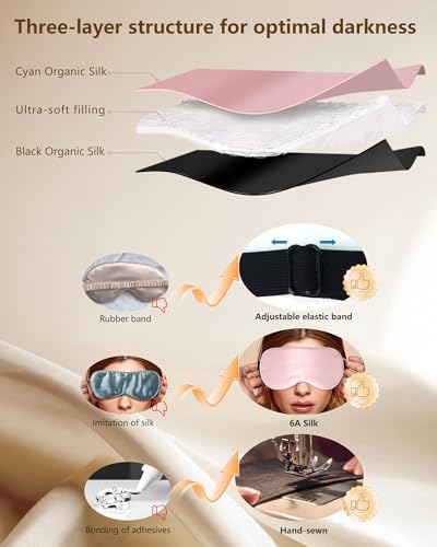 Silk Sleep Mask for Women - Soft Breathable Organic Natural Mulberry Silk Fabric Blackout Eye Mask for Sleeping (Pink)