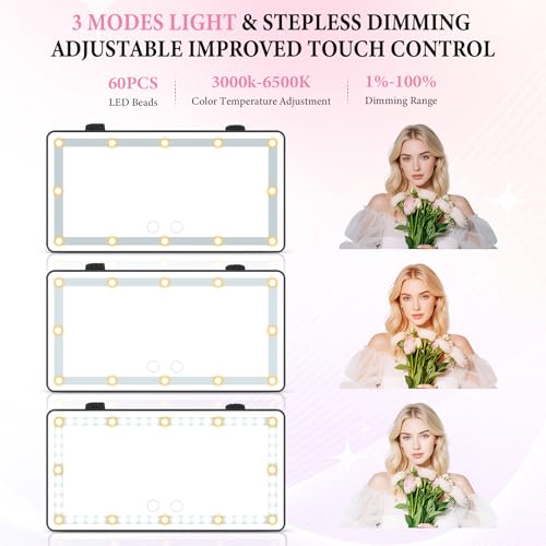 SINGARO Car Sun Visor Vanity Mirror - Rechargeable Makeup Mirror with 60 LEDs, 3 Light Modes & Dimmable Touch Control for Cars, Trucks, SUVs (Black)