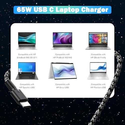 Slim 65W USB C Laptop Charger for HP Spectre X360, Chromebook, Envy, EliteBook x360, Elite x2, Pavilion, Omnibook, ProBook, ZBook