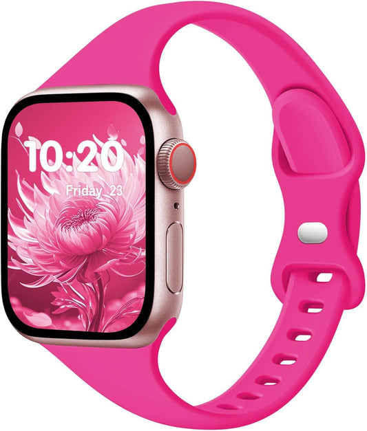 Slim Silicone Band for Apple Watch (38mm–49mm) - Soft Thin Sport Strap for iWatch Series 11/10/9/8/7/6/5/4/3/2/1/SE/Ultra (Hot Pink)