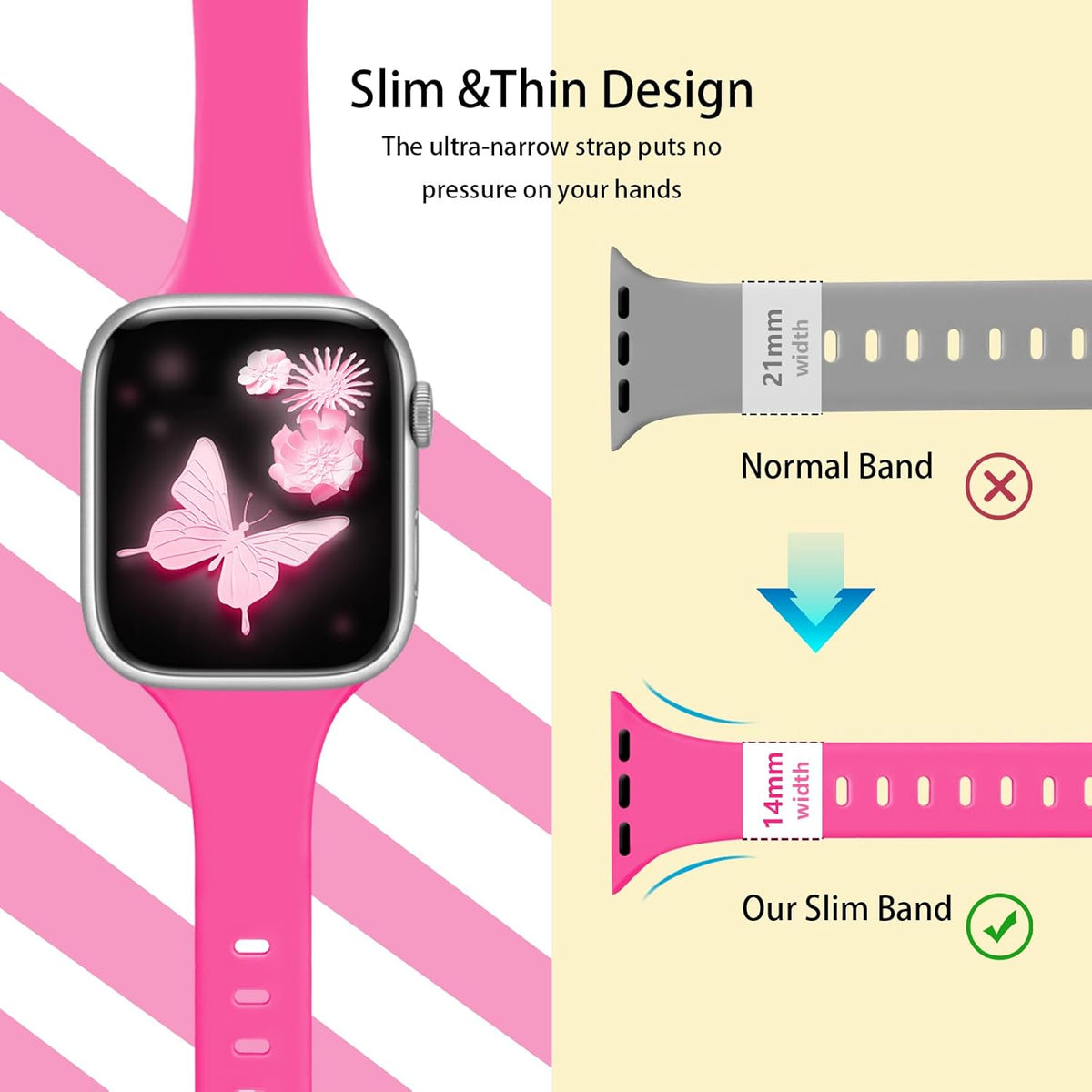 Slim Silicone Band for Apple Watch (38mm–49mm) - Soft Thin Sport Strap for iWatch Series 11/10/9/8/7/6/5/4/3/2/1/SE/Ultra (Hot Pink)