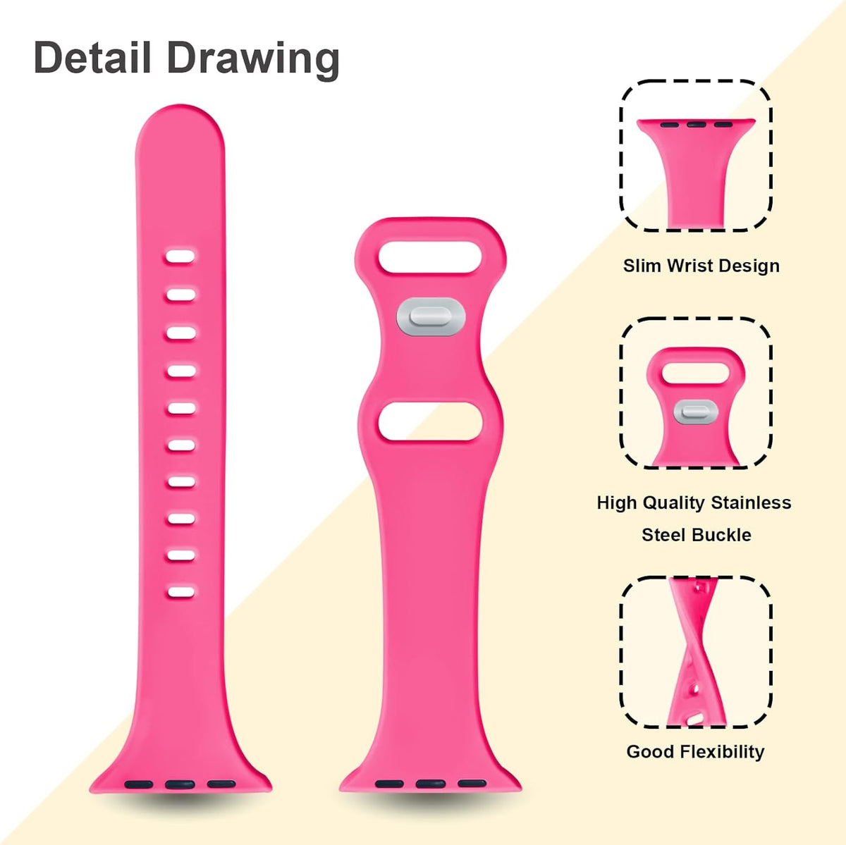 Slim Silicone Band for Apple Watch (38mm–49mm) - Soft Thin Sport Strap for iWatch Series 11/10/9/8/7/6/5/4/3/2/1/SE/Ultra (Hot Pink)