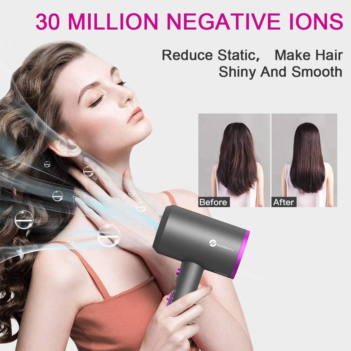 slopehill Professional Ionic Hair Dryer, Powerful 1800W Fast Drying Low Noise Blow Dryer with 2 Concentrator Nozzle 1 Diffuser Attachments