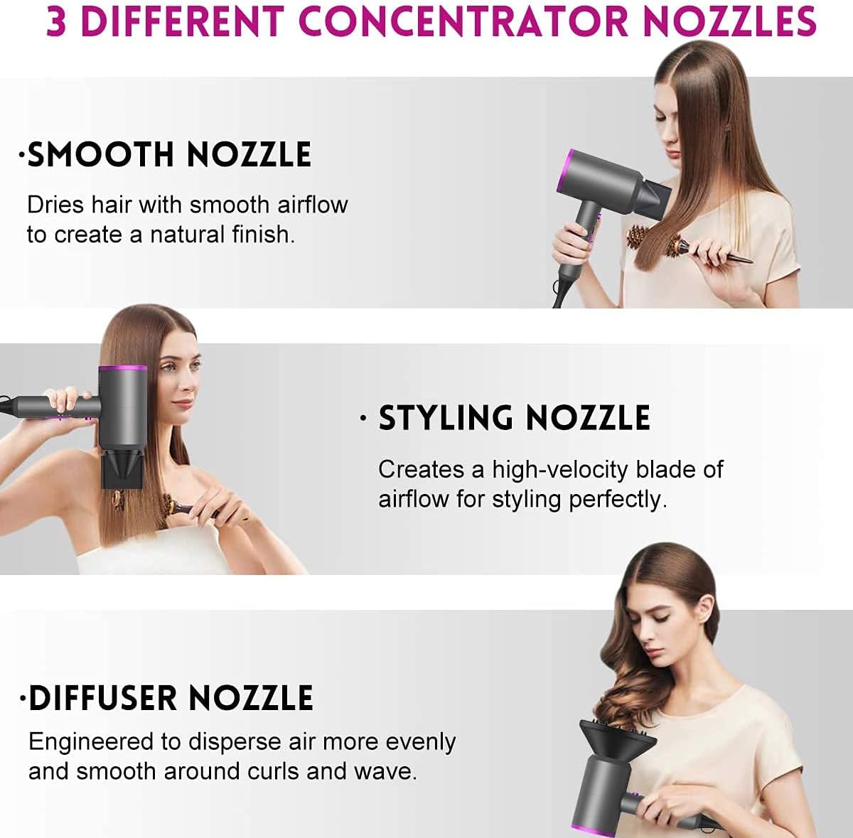 slopehill Professional Ionic Hair Dryer, Powerful 1800W Fast Drying Low Noise Blow Dryer with 2 Concentrator Nozzle 1 Diffuser Attachments